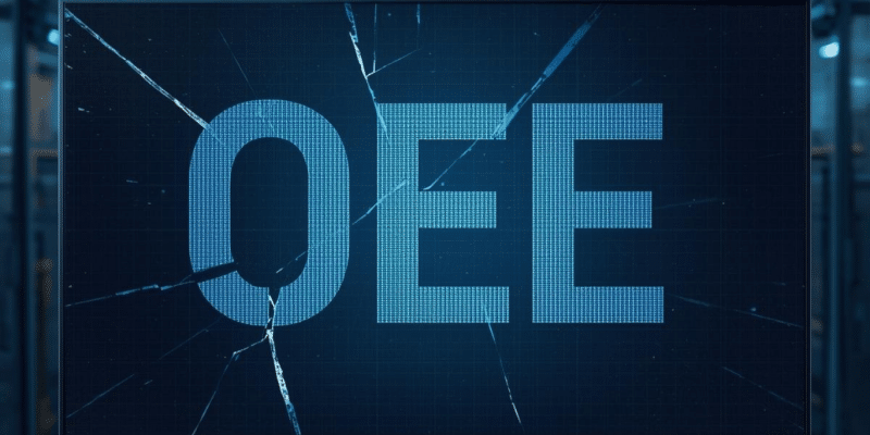 Cracked digital screen displaying “OEE” on industrial factory background