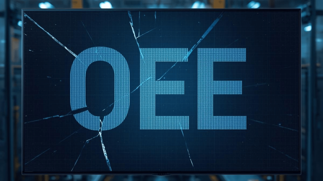 Cracked digital screen displaying “OEE” on industrial factory background