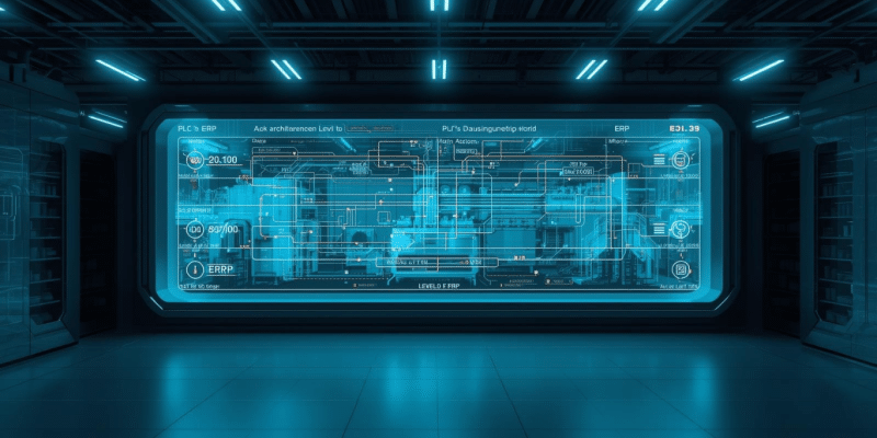 Futuristic smart factory dashboard showing PLC to ERP data integration across manufacturing systems