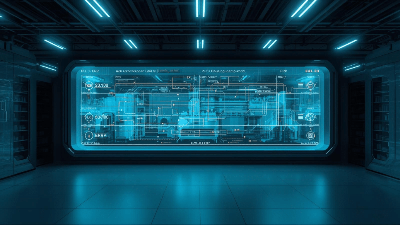 Futuristic smart factory dashboard showing PLC to ERP data integration across manufacturing systems